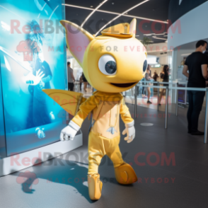 Gold Swordfish mascot costume character dressed with a Playsuit and Backpacks