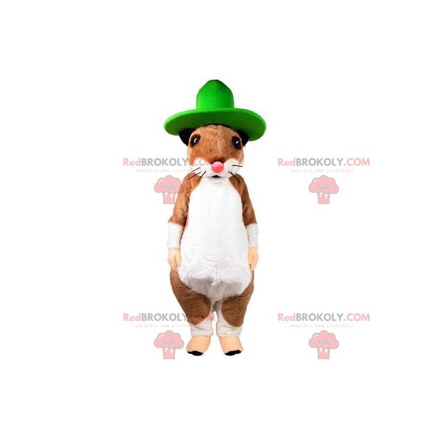 Mascote rato roedor marrom e branco com chapéu verde -