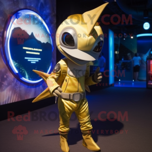 Gold Swordfish mascot costume character dressed with a Playsuit and Backpacks