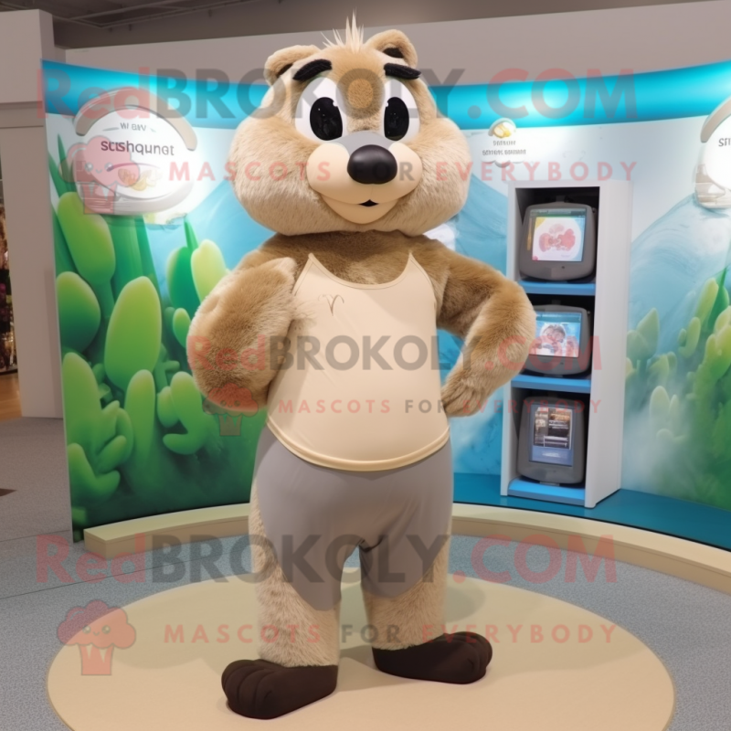 Beige Marmot mascot costume character dressed with a Yoga Pants and Rings Beige Marmot mascot costume character dressed with a Yoga Pants and Rings