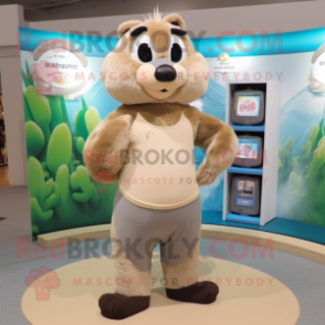 Beige Marmot mascot costume character dressed with a Yoga Pants and Rings