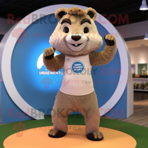 Beige Marmot mascot costume character dressed with a Yoga Pants and Rings