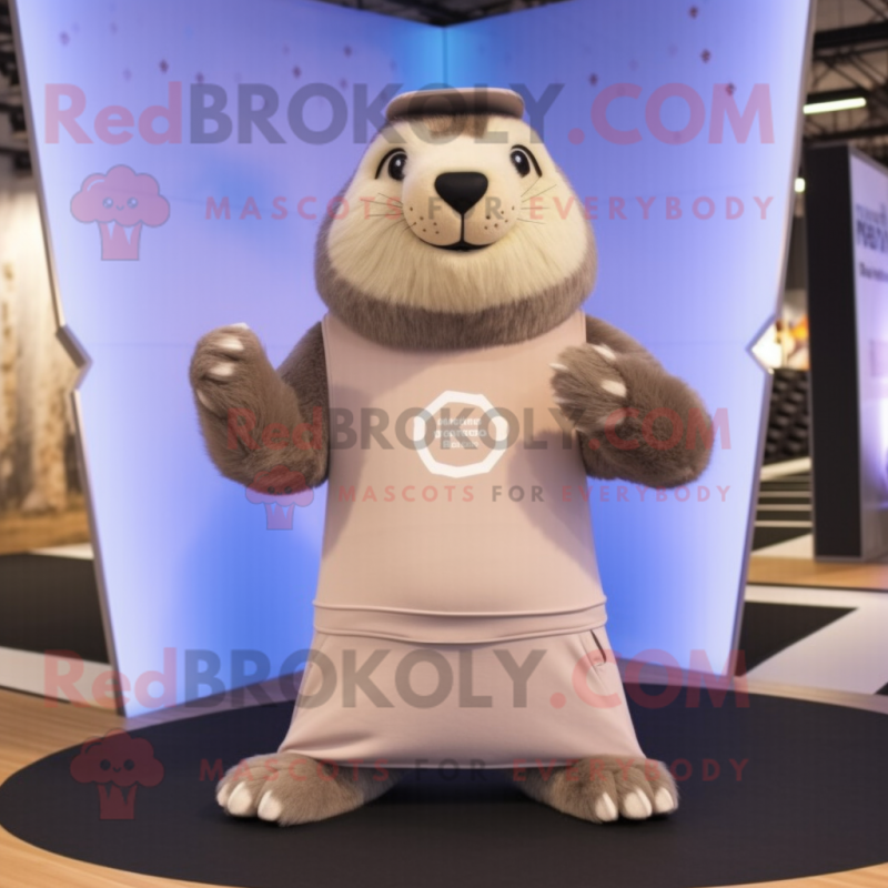 Beige Marmot mascot costume character dressed with a Yoga Pants and Rings