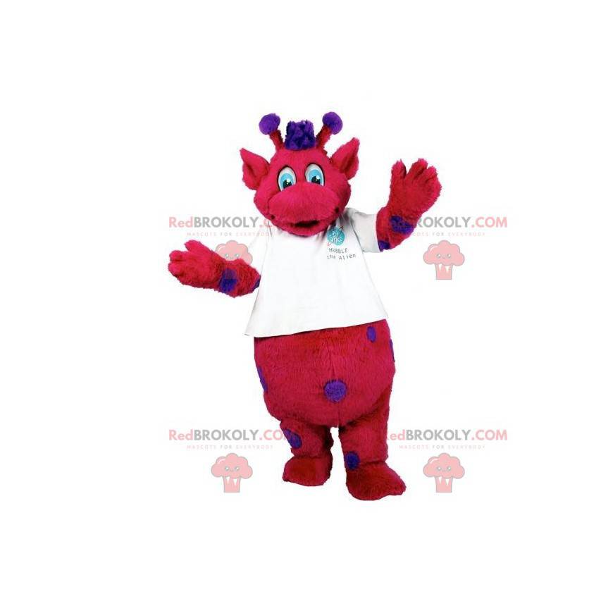 Mascotte de monstre rouge et violet avec des antennes -