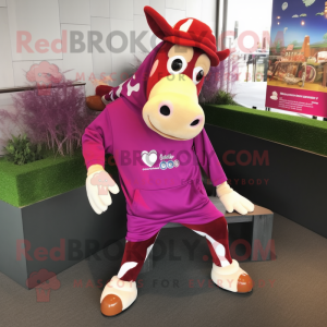 Magenta Guernsey Cow mascot costume character dressed with a Long Sleeve Tee and Anklets