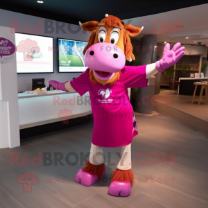 Magenta Guernsey Cow mascot costume character dressed with a Long Sleeve Tee and Anklets