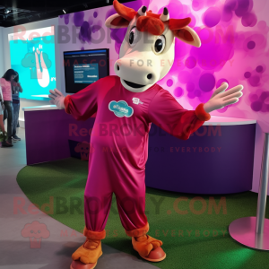 Magenta Guernsey Cow mascot costume character dressed with a Long Sleeve Tee and Anklets