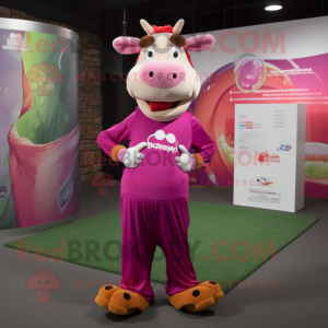 Magenta Guernsey Cow mascot costume character dressed with a Long Sleeve Tee and Anklets