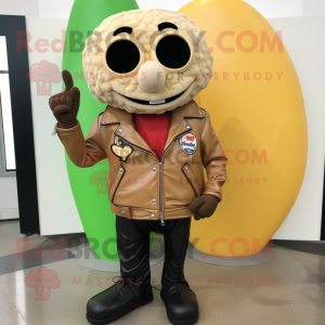 Tan Pizza Slice mascot costume character dressed with a Leather Jacket and Keychains