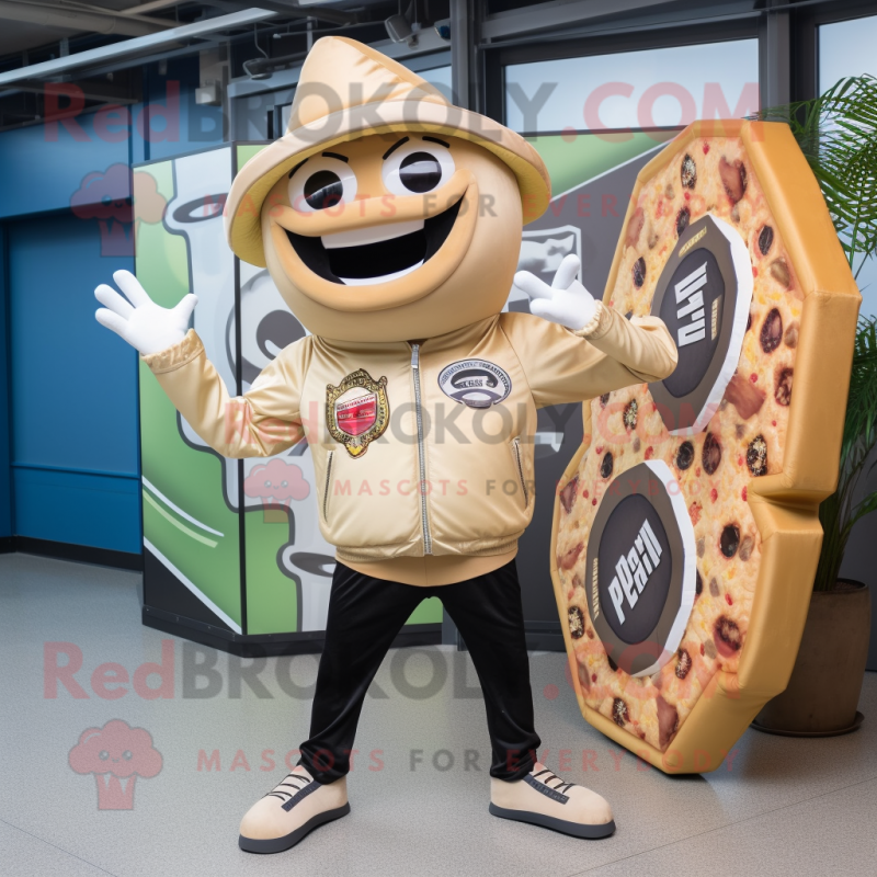 Tan Pizza Slice mascot costume character dressed with a Leather Jacket and Keychains Tan Pizza Slice mascot costume character dressed with a Leather Jacket and Keychains