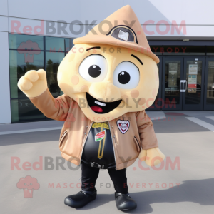 Tan Pizza Slice mascot costume character dressed with a Leather Jacket and Keychains