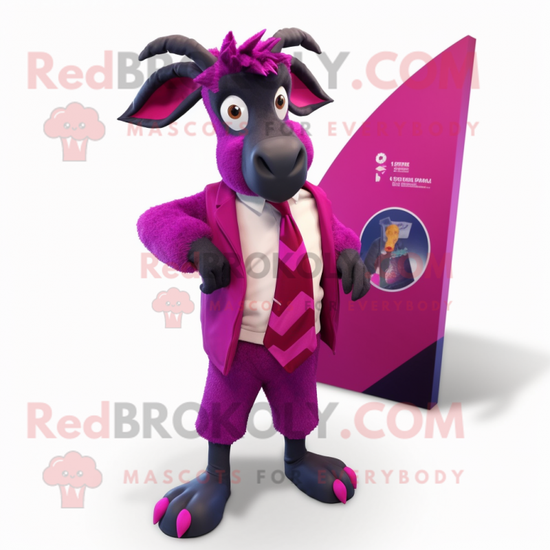 Magenta Goat mascot costume character dressed with a Suit and Scarf clips Magenta Goat mascot costume character dressed with a Suit and Scarf clips
