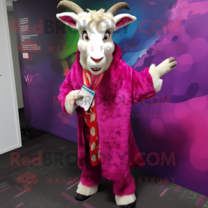 Magenta Goat mascot costume character dressed with a Suit and Scarf clips