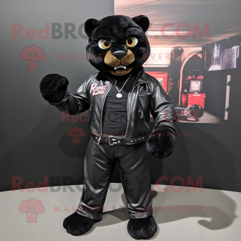 Black Puma mascot costume character dressed with a Leather Jacket and Suspenders Black Puma mascot costume character dressed with a Leather Jacket and Suspenders