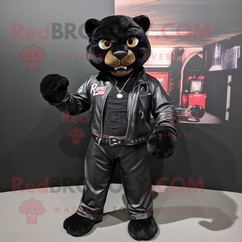 Black Puma mascot costume character dressed with a Leather Jacket and Suspenders