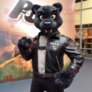Black Puma mascot costume character dressed with a Leather Jacket and Suspenders