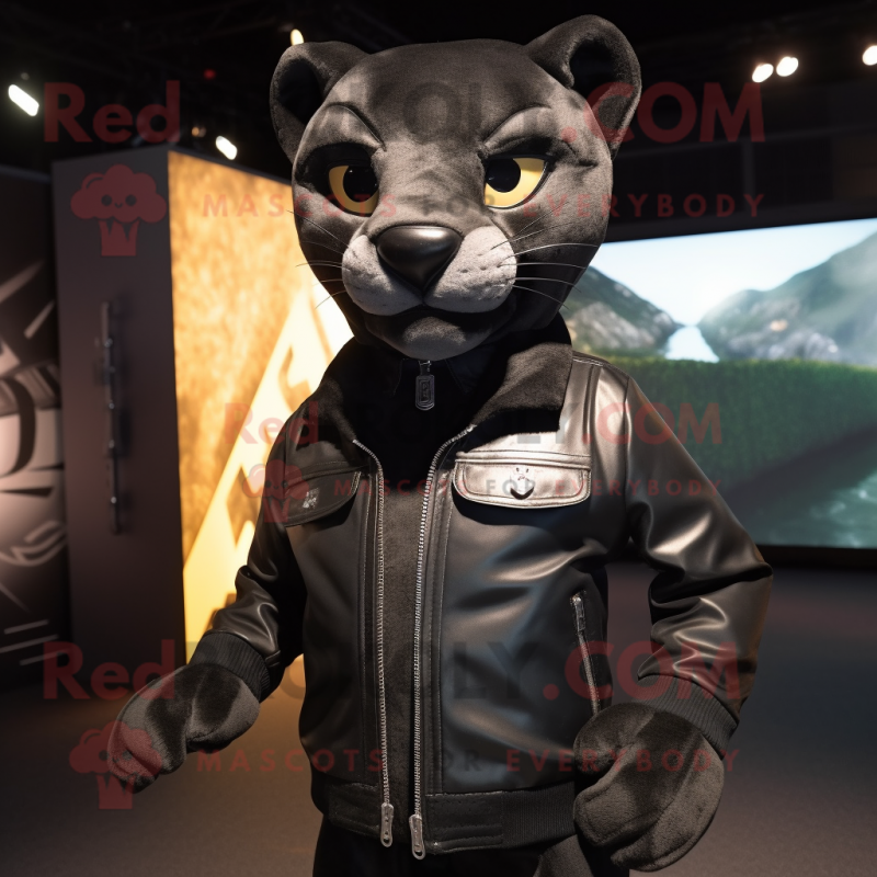 Black Puma mascot costume character dressed with a Leather Jacket and Suspenders