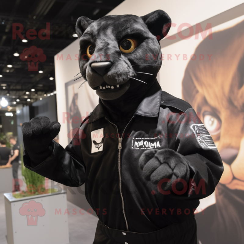 Black Puma mascot costume character dressed with a Leather Jacket and Suspenders Black Puma mascot costume character dressed with a Leather Jacket and Suspenders