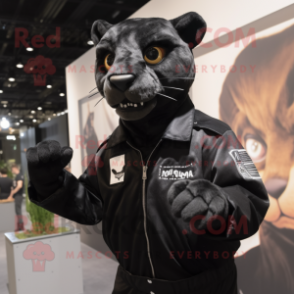 Black Puma mascot costume character dressed with a Leather Jacket and Suspenders