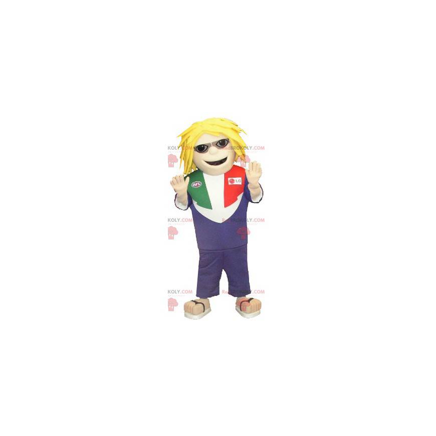 Mascotte blonde man met een bril en tapdans - Redbrokoly.com