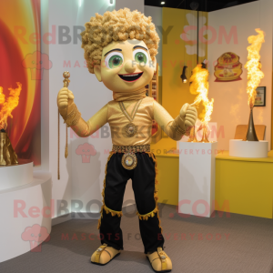 Gold Fire Eater mascot costume character dressed with a Chinos and Necklaces
