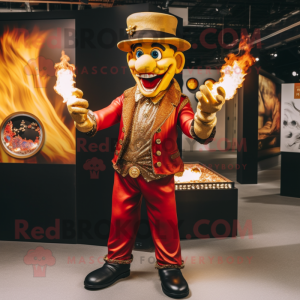 Gold Fire Eater mascot costume character dressed with a Chinos and Necklaces