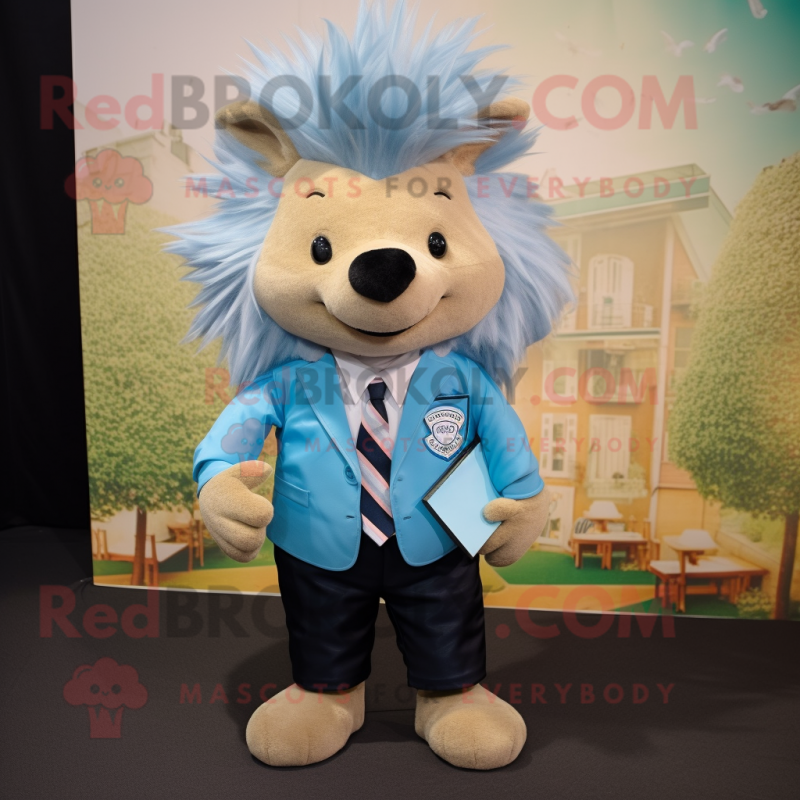 Sky Blue Porcupine mascot costume character dressed with a Oxford Shirt and Ties