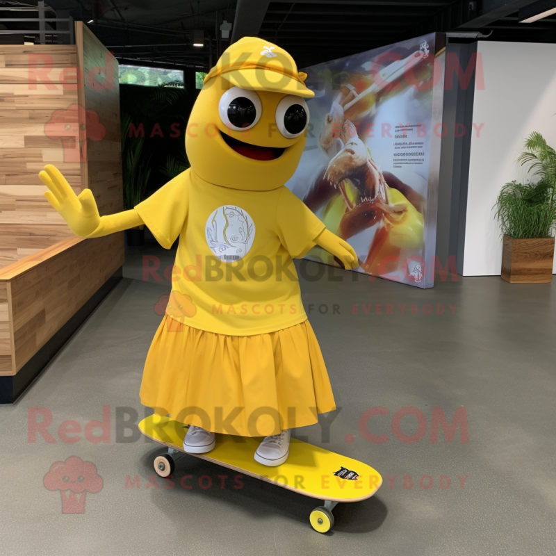 Yellow Skateboard mascot costume character dressed with a Wrap Skirt and Cummerbunds Yellow Skateboard mascot costume character dressed with a Wrap Skirt and Cummerbunds