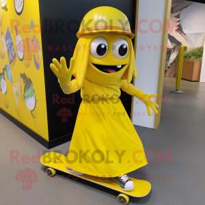 Yellow Skateboard mascot costume character dressed with a Wrap Skirt and Cummerbunds