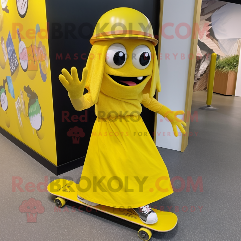 Yellow Skateboard mascot costume character dressed with a Wrap Skirt and Cummerbunds Yellow Skateboard mascot costume character dressed with a Wrap Skirt and Cummerbunds