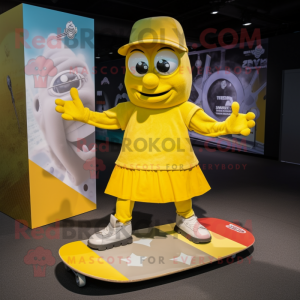 Yellow Skateboard mascot costume character dressed with a Wrap Skirt and Cummerbunds