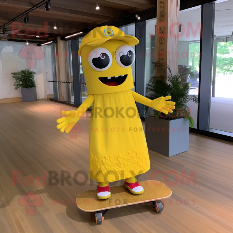 Yellow Skateboard mascot costume character dressed with a Wrap Skirt and Cummerbunds Yellow Skateboard mascot costume character dressed with a Wrap Skirt and Cummerbunds