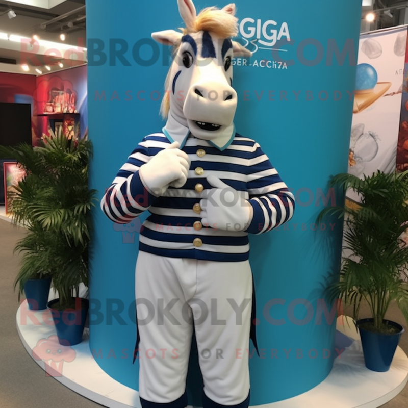 Navy Quagga mascot costume character dressed with a Waistcoat and Bracelet watches Navy Quagga mascot costume character dressed with a Waistcoat and Bracelet watches