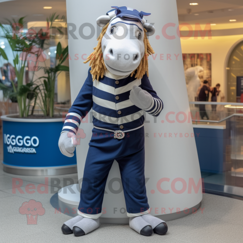 Navy Quagga mascot costume character dressed with a Waistcoat and Bracelet watches Navy Quagga mascot costume character dressed with a Waistcoat and Bracelet watches