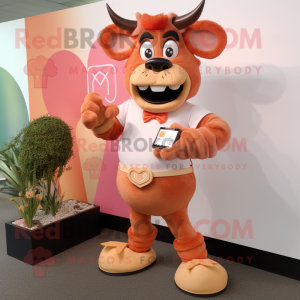Peach Minotaur mascot costume character dressed with a Suit Pants and Bracelet watches