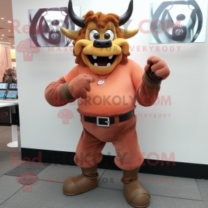 Peach Minotaur mascot costume character dressed with a Suit Pants and Bracelet watches