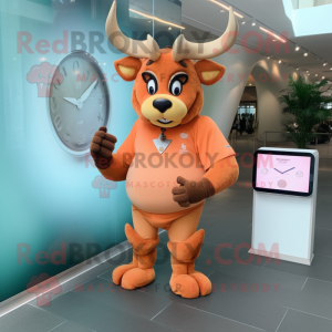 Peach Minotaur mascot costume character dressed with a Suit Pants and Bracelet watches