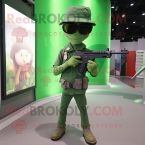 Green Sniper mascot costume character dressed with a Skinny Jeans and Sunglasses