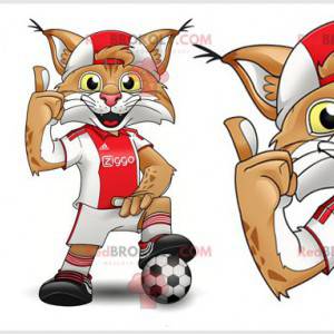 Mascote lince marrom e branco com roupas esportivas -