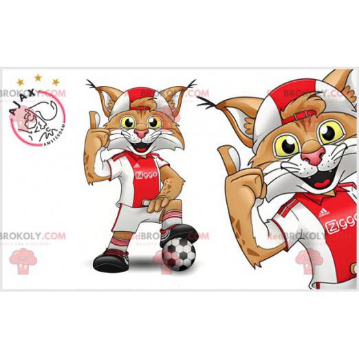 Mascote lince marrom e branco com roupas esportivas -