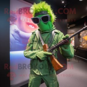 Green Sniper mascot costume character dressed with a Skinny Jeans and Sunglasses