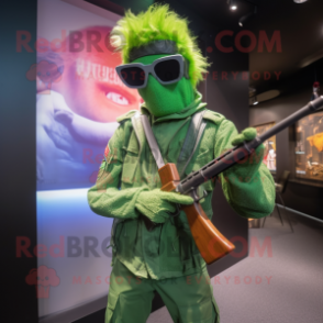 Green Sniper mascot costume character dressed with a Skinny Jeans and Sunglasses