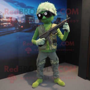 Green Sniper mascot costume character dressed with a Skinny Jeans and Sunglasses