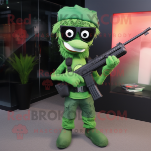 Green Sniper mascot costume character dressed with a Skinny Jeans and Sunglasses