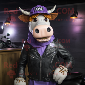 Lavender Guernsey Cow mascot costume character dressed with a Biker Jacket and Berets