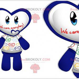 Blue and white snowman mascot with a heart-shaped head -