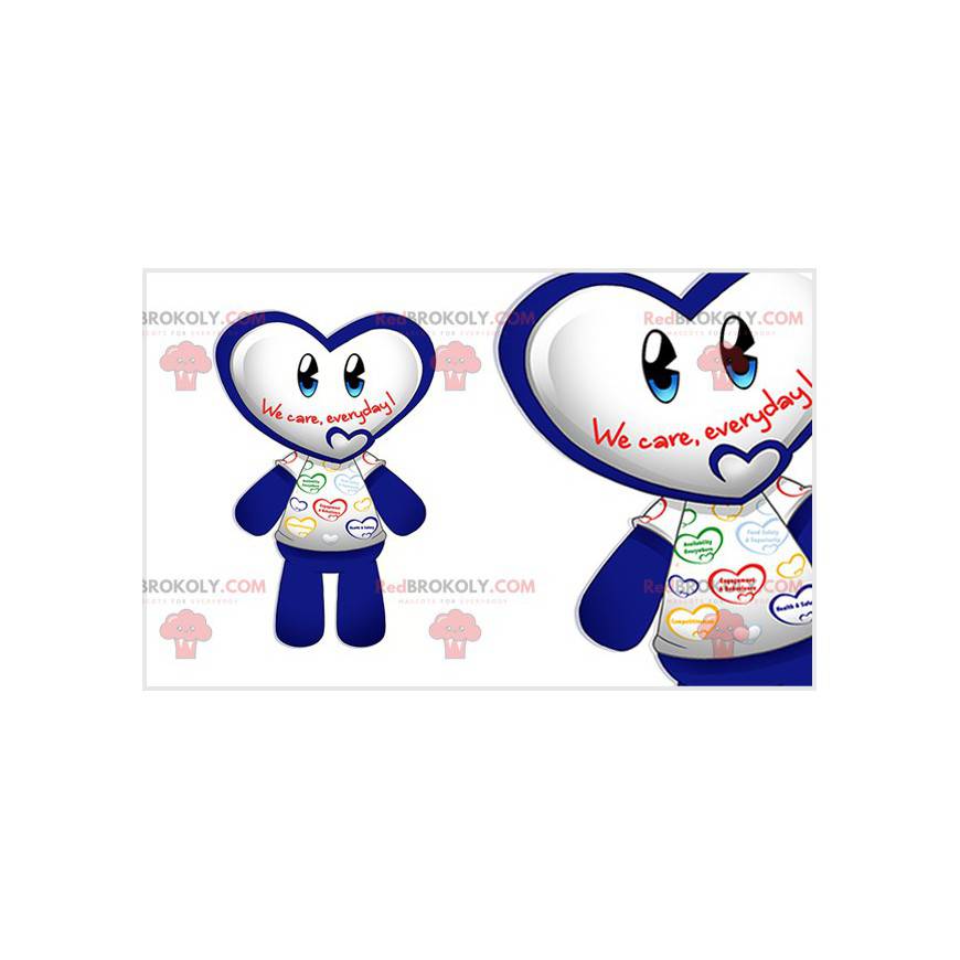 Blue and white snowman mascot with a heart-shaped head -