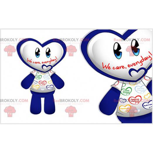 Blue and white snowman mascot with a heart-shaped head -