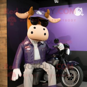 Lavender Guernsey Cow mascot costume character dressed with a Biker Jacket and Berets