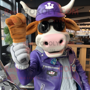 Lavender Guernsey Cow mascot costume character dressed with a Biker Jacket and Berets